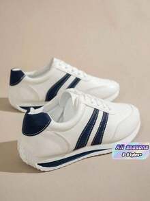 Versatile Women'S Casual Sneakers, Round Toe Low-Top, Comfortable Flat, Colorblock, Retro Style, All-Season Appropriate, Sizes 36-40Size - Blue - View 1