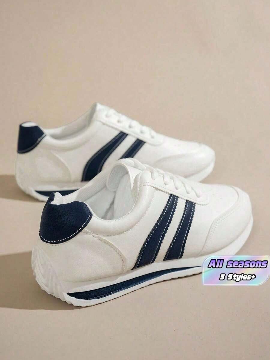 Versatile Women'S Casual Sneakers, Round Toe Low-Top, Comfortable Flat, Colorblock, Retro Style, All-Season Appropriate, Sizes 36-40Size - Blue - View 1