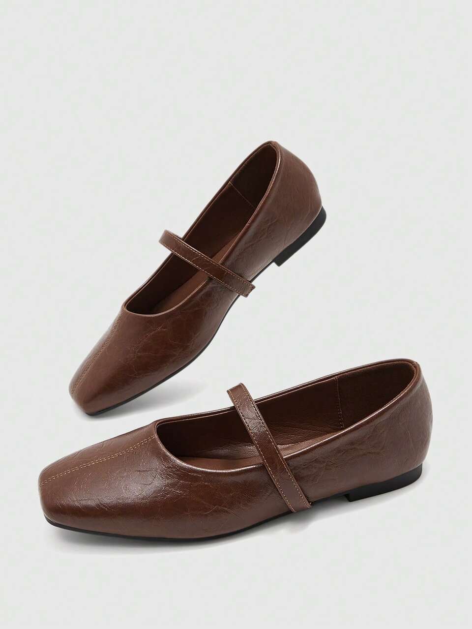 CUCCOO BIZCHIC Retro Brown Square Toe Mary Jane Flat Women's Shoes, Soft Leather Commuter Shoes With Low Vamp