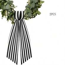 1 Pack/2 Packs Boxwood Wreath Belt Decorative Band, Used For Front Door Porch Decoration (Black And White Striped) - Black - View 8