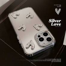 1PC,Luxury Glossy 3D Meteorite Texture Electroplated Silver Heart Cute Phone Case, Compatible With IPhone 16/15/14/13/12 Pro Max/14/15 Plus/11, With Camera Lens Cover, Waterproof, Shockproof, Drop-Resistant & Scratch-Resistant - Mirror Heart - View 4