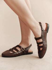 Rosivie Rear Hollow Mary Jane Women's Shoes, Round Toe Hollow Rear Strap Flats Fall Shoes - Coffee Brown 2 - View 3