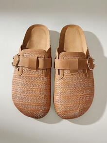 Solecia 女款棕色草編配色包頭穆勒鞋，軟木底休閒金屬環扣穆勒鞋 - 棕色 - 查看 3