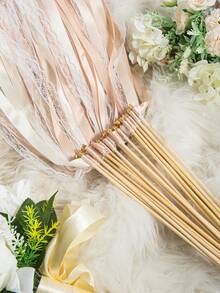 10/30/50PCS Champagne Color Three Layer Lace Ribbon Gold Bell Magic Fairy Wand Party Wand Ribbon Stick For Wedding Birthday Graduation Bachelorette Bridal Shower Room Decor Gift Supplies Must Haves - Champagne - View 5