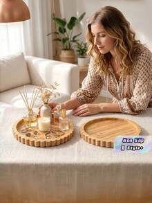 1PC Extra Large Wooden Thickened Widened Scalloped Edge Bohemian Brown Round Tray Multipurpose Organizer For Jewelry Watches Phones Keys Cups Perfume Aromatherapy Storage Home Office Desk Vanity Bathroom Gift Decor - Brown - View 1