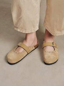 Solecia Women's Shoes Spring And Summer New Rivets Square Buckle Closed Toe Design Flat Bottom Comfortable Casual Suede Women's Slippers Travel Vacation Wear - Brown - View 4
