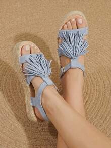 Styleloop 女款流蘇麻繩厚底涼鞋 夏季鞋 - 藍色 - 查看 4
