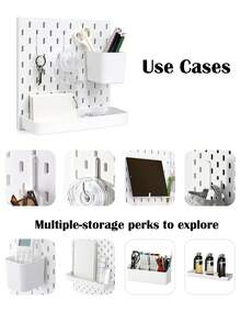 White Plastic Pegboard Wall Organizer Set With Shelves Hooks Storage Cups, DIY Splice Wall Mount Hole Display Rack, Easy Installation Space-Saving Storage For Stationery Photos Small Decor, Desk Wall Storage For Bedroom Study Office - White - View 8