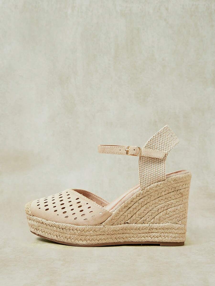Styleloop 女款杏色鏤空度假風休閒樂福鞋,圓頭粗底坡跟 - 杏色 - 查看 1