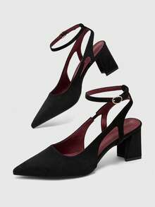 CUCCOO BIZCHIC Black Flannel Party Commute Simple Fashion Glossy Closed Toe Pointed Toe Exposed Heel Thin Ankle Strap High Heel Medium Thick Heel Shoes - Black - View 9