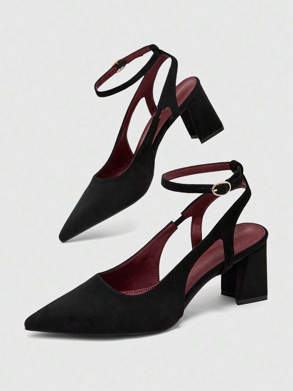 CUCCOO BIZCHIC Black Flannel Party Commute Simple Fashion Glossy Closed Toe Pointed Toe Exposed Heel Thin Ankle Strap High Heel Medium Thick Heel Shoes