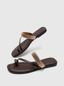 CUCCOO BIZCHIC Minimalist Dark Brown Leather Metal Spring Coil Toe Flats, Women's Elegant Casual Open-Toed Sandals - Mocha Brown - View 7