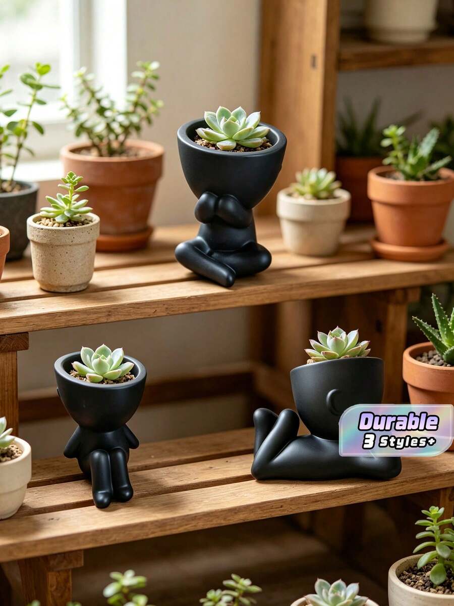 Cây bonsai nhỏ hình người, 3 kiểu dáng, chậu đen họa tiết hoạt hình, phù hợp trang trí bàn làm việc, nhà và sân vườn - màu đen - Xem 1
