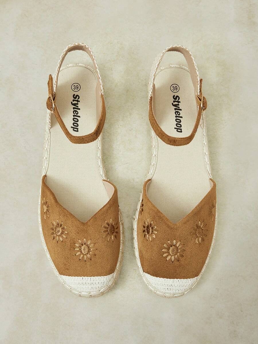 Styleloop 女款平底圓頭鏤空後跟花卉刺繡春夏海灘度假鞋 - 棕色 - 查看 1