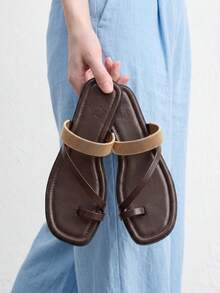 CUCCOO BIZCHIC Minimalist Dark Brown Leather Metal Spring Coil Toe Flats, Women's Elegant Casual Open-Toed Sandals - Mocha Brown - View 1
