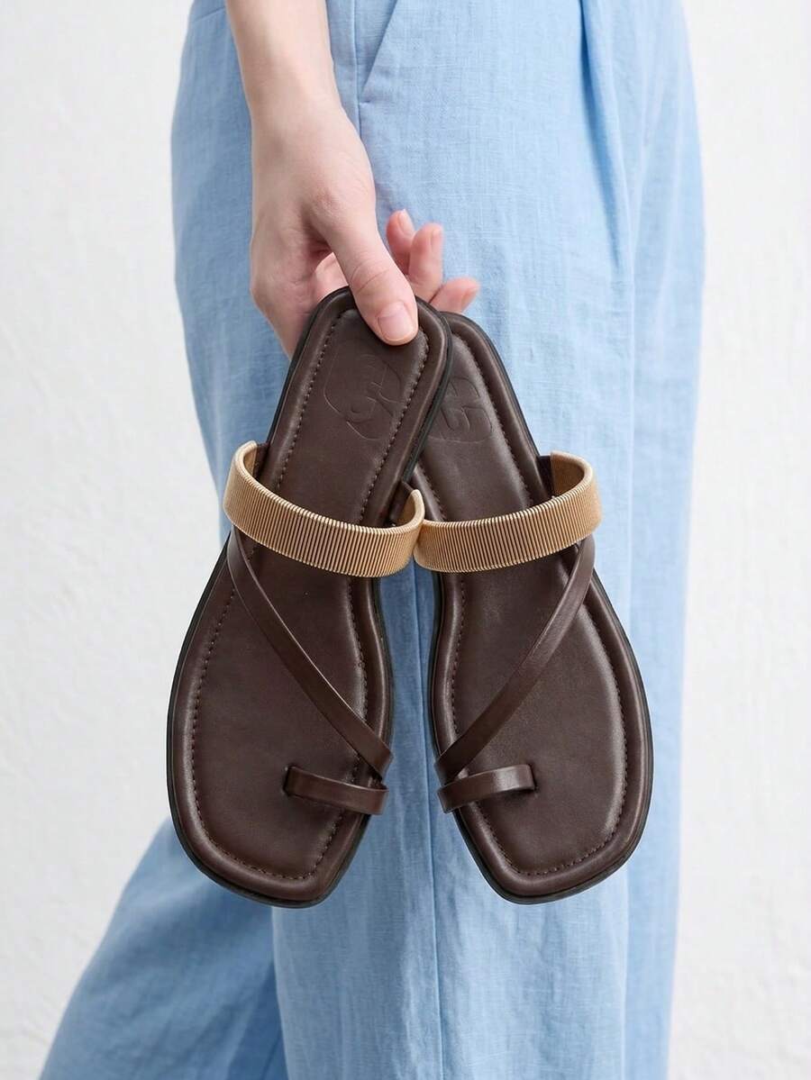 CUCCOO BIZCHIC Minimalist Dark Brown Leather Metal Spring Coil Toe Flats, Women's Elegant Casual Open-Toed Sandals - Mocha Brown - View 1