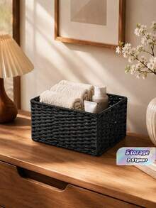 1/3 Pieces Storage Baskets, Entrance Table Organizing Box For Snacks And Cosmetics, Vintage Fabric Storage Baskets For Home - Black - View 2