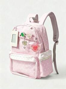 ROMWE Kawaii 1个粉色可爱甜美幸运四叶草猫咪吊坠条纹五角星爱心翅膀装饰多气眼多口袋时尚简约大容量量产型女式背包，适合大学、通勤、旅行，包含所有配件 - 淺粉色 - 查看 2