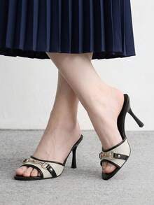 CUCCOO BIZCHIC 女款春夏新款棕色金屬扣開頭高跟涼鞋 時尚舒適百搭通勤女鞋 - 牛津布黑色1# - 查看 3