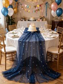 1pc/5pcs Navy Blue Shiny Mesh Table Runner, Solid Color Tabletop Cover For Birthday, Wedding & Banquet Decor - Dark Blue - View 3