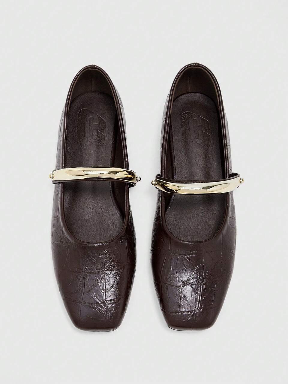 CUCCOO BIZCHIC Dark Brown Crocodile Pattern Square Toe Mary Jane Flats, Gold Metal Trim Daily Casual Women's Shoes
