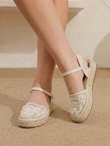 Styleloop Zapatos de mujer con suela gruesa, punta redonda, malla, bordado y perlas, estilo de vacaciones en la playa - Albaricoque - Ver 2