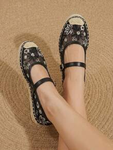 Styleloop Spring And Summer Black Mesh Embroidery Flower Women's Flat-Soled Shoes Mary Jane Shoes Are Suitable For Outdoor Vacation Travel Beach Breathable - Black - View 4