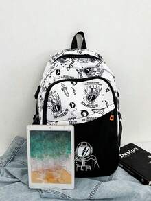 Astronaut Pattern Backpack, Large Capacity Zipper Closure School Bag, Adjustable Shoulder , Short Trip Bag, , Ideal For Daily Use, Outings, Travel, School, And Back To - Multicolor - View 3