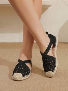 Styleloop Modische Damen-Flats in Schwarz mit Blumenstickerei, Hohldesign, Strohsohle und elastischem Band, geeignet für Outdoor, Urlaub und Shopping - Schwarz - Übersicht 2