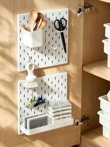 White Plastic Pegboard Wall Organizer Set With Shelves Hooks Storage Cups, DIY Splice Wall Mount Hole Display Rack, Easy Installation Space-Saving Storage For Stationery Photos Small Decor, Desk Wall Storage For Bedroom Study Office - White - View 6