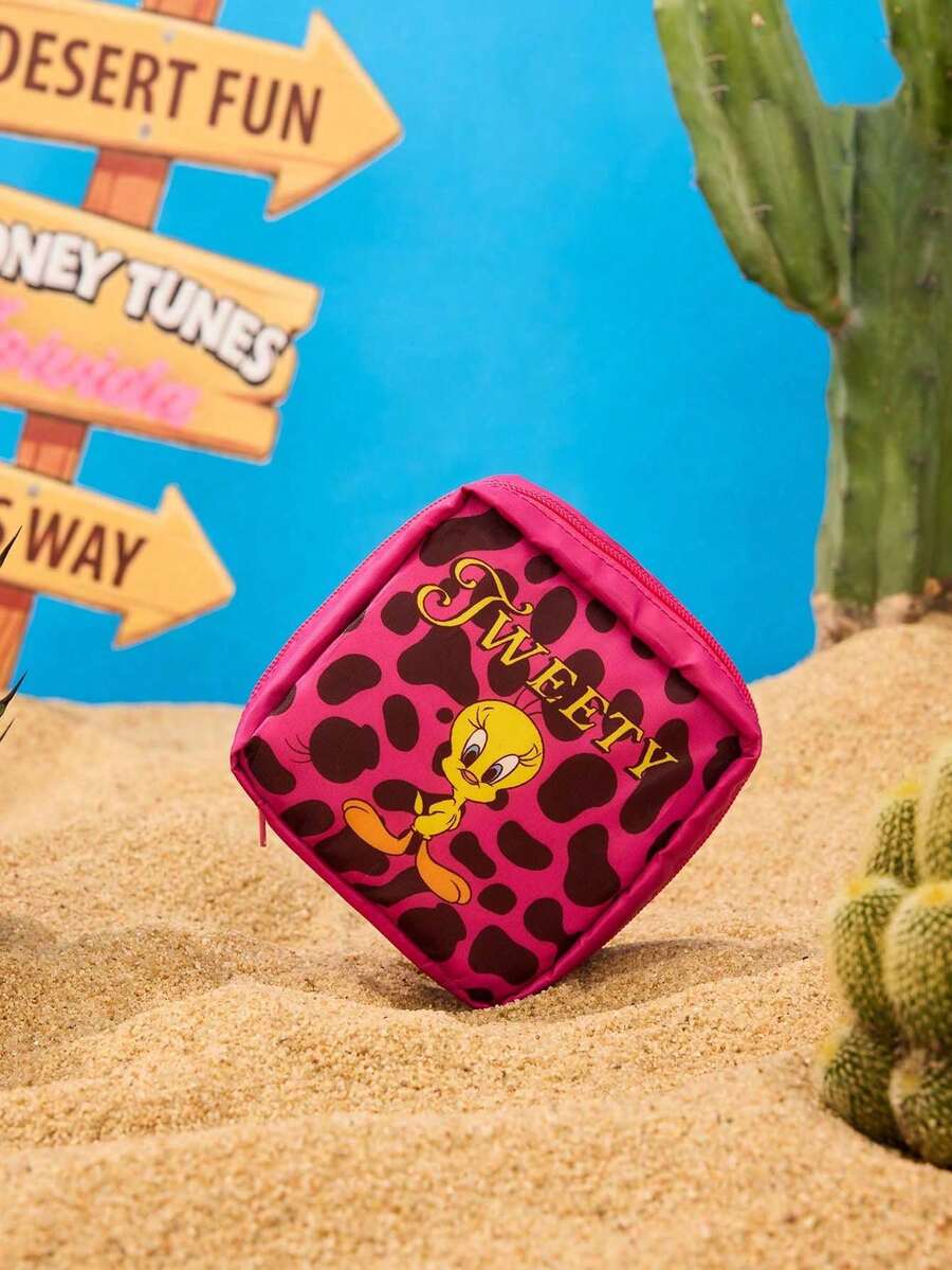 LOONEY TUNES X Joivida 1pc Pink Leopard Print Sanitary Pad Pouch, Cute Polyester Menstrual Storage Bag, Portable Zipper Organizer For Girls & Women, Suitable For Daily Use, Travel, School And Handbag Storage - Rose Red - View 1
