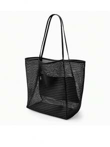 1Pc Fashion Foldable Women Beach Tote Bag, Large Capacity Transparent Mesh Shoulder Bag, Durable Oxford Fabric, Lightweight Spacious For Travel Shopping Vacation Storage - Multicolor - View 4