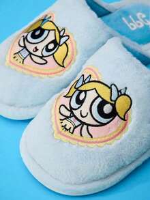 THE POWERPUFF GIRLS X Joivida 1雙藍色毛絨拖鞋，立體刺繡字母，平底防滑女款居家鞋，適合學生宿舍、冬季、辦公室地毯、居家使用，溫馨禮物 - 藍色 - 查看 4