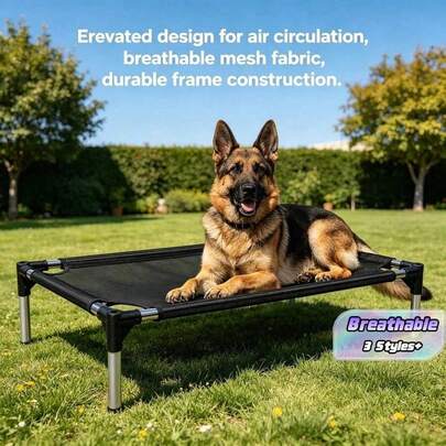 1 Set High-Platform Pet Bed, Waterproof And Breathable Pet Cot, S/M/L 3 Sizes, Durable Rust-Proof Aluminum Frame + Breathable Polyester Fabric, Minimalist Black, Rectangular Hollow Mesh Design, Removable And Assembleable, Heat Dissipation