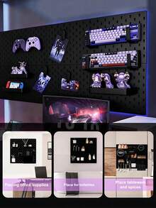Black Pegboard Wall Organizer Kit With Hooks, Shelves And Storage Bins, Modular Wall Mount Hole Board Display Rack, Easy Install DIY Space Saving Storage For Desk Accessories Stationery Decor Gaming Bedroom Office Wall Decor - Black - View 7