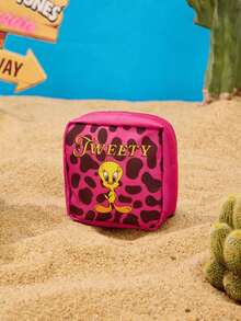 LOONEY TUNES X Joivida 1pc Pink Leopard Print Sanitary Pad Pouch, Cute Polyester Menstrual Storage Bag, Portable Zipper Organizer For Girls & Women, Suitable For Daily Use, Travel, School And Handbag Storage - Rose Red - View 3