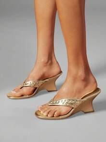 SHUZIA Women's Elegant Minimalist Rivets Decor Thong Strap Wadge Sandals - Gold - View 2