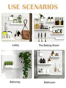 White Plastic Pegboard Wall Organizer Set With Shelves Hooks Storage Cups, DIY Splice Wall Mount Hole Display Rack, Easy Installation Space-Saving Storage For Stationery Photos Small Decor, Desk Wall Storage For Bedroom Study Office - White - View 10