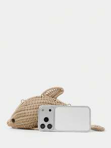 SHECARRY Women's Fashion Personality Fun Khaki Dolphin Shape, Summer Vacation, Seaside, Beach Hand-Woven Slash Shoulder Bag - skin tone - View 5