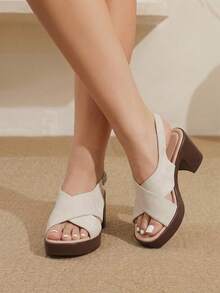 Styleloop Frosted Suede Cross-Strapped Thick-Heeled Sandals Women's Head High Heels, Retro Versatile Commuter Open-Toed Women's Shoes - Apricot - View 2
