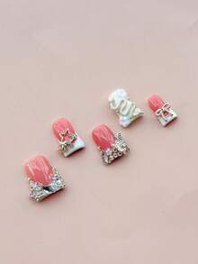 10pcs Medium-Long Coffin-Shaped Handmade Acrylic Press On Nails, Decorated With Colorful Rhinestones, Butterflies And Snake Patterns, Perfect For Parties, Daily Outfits, And Gift For Women. - Silver - View 4
