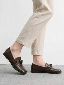 CUCCOO BIZCHIC Brown Soft Leather Bow Loafers Women's, Square Toe Flat Bottom Soft Sole Slouchy Shoes, Commuting Versatile Retro Shoes - Brown - View 4