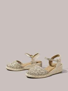 Styleloop Women's Wedges & Platform Shoes, Golden Sunflowers, Hollow Lace Closed Toe Sandals, Vacation Wear, Travel Essentials, Bohemian Style - Gold - View 3