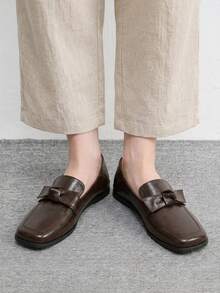 CUCCOO BIZCHIC Brown Soft Leather Bow Loafers Women's, Square Toe Flat Bottom Soft Sole Slouchy Shoes, Commuting Versatile Retro Shoes - Brown - View 5