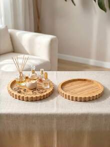 1PC Extra Large Wooden Thickened Widened Scalloped Edge Bohemian Brown Round Tray Multipurpose Organizer For Jewelry Watches Phones Keys Cups Perfume Aromatherapy Storage Home Office Desk Vanity Bathroom Gift Decor - Brown - View 2