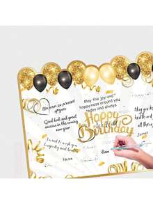 1 Giant Black Gold Happy Birthday Signature Card Adorned With Decorative Balloon Patterns - A Set Of Paper Party Supplies, An Unforgettable Replacement For Greeting Cards, Suitable As A Birthday Party Gift - Multicolor - View 6