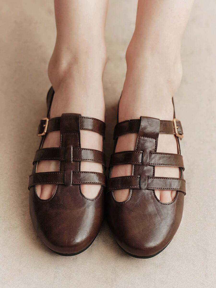 Rosivie Rear Hollow Mary Jane Women's Shoes, Round Toe Hollow Rear Strap Flats Fall Shoes - Coffee Brown 2 - View 1