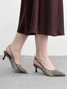 CUCCOO BIZCHIC French Light Luxury Snake Pattern Pointed Back Strap Retro Elegant Fine Heel Commuter Kitten And Shoes - Grey - View 5