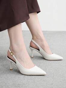 CUCCOO BIZCHIC 女款尖頭細高跟白色後綁帶slingback高跟鞋，日常百搭通勤鞋 - 白色 - 查看 4
