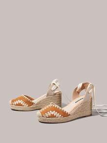 Styleloop Zapatos de plataforma con tacón de cuerda de cáñamo y cordones traseros, de ante con bordado retro color camello para mujer - Camel - Ver 10